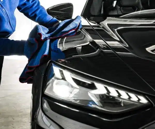 Technician wiping black car during professional car detailing.